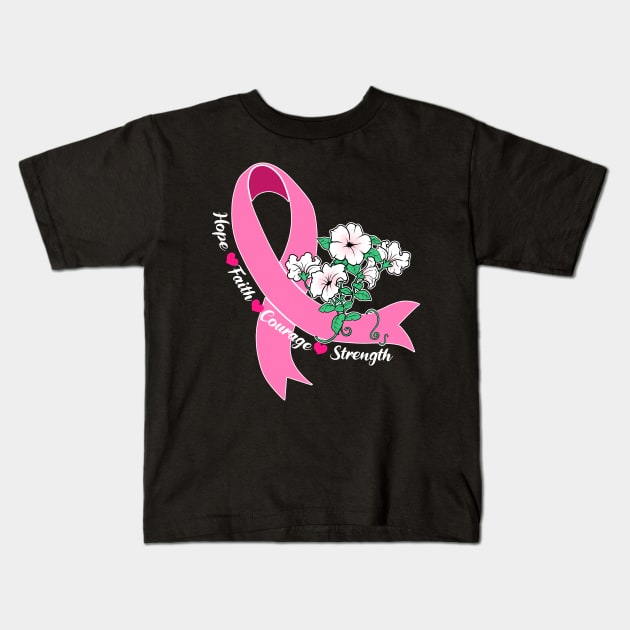 Breast Cancer Awareness Gift Hope Faith Courage Strength Print Kids T-Shirt by Linco